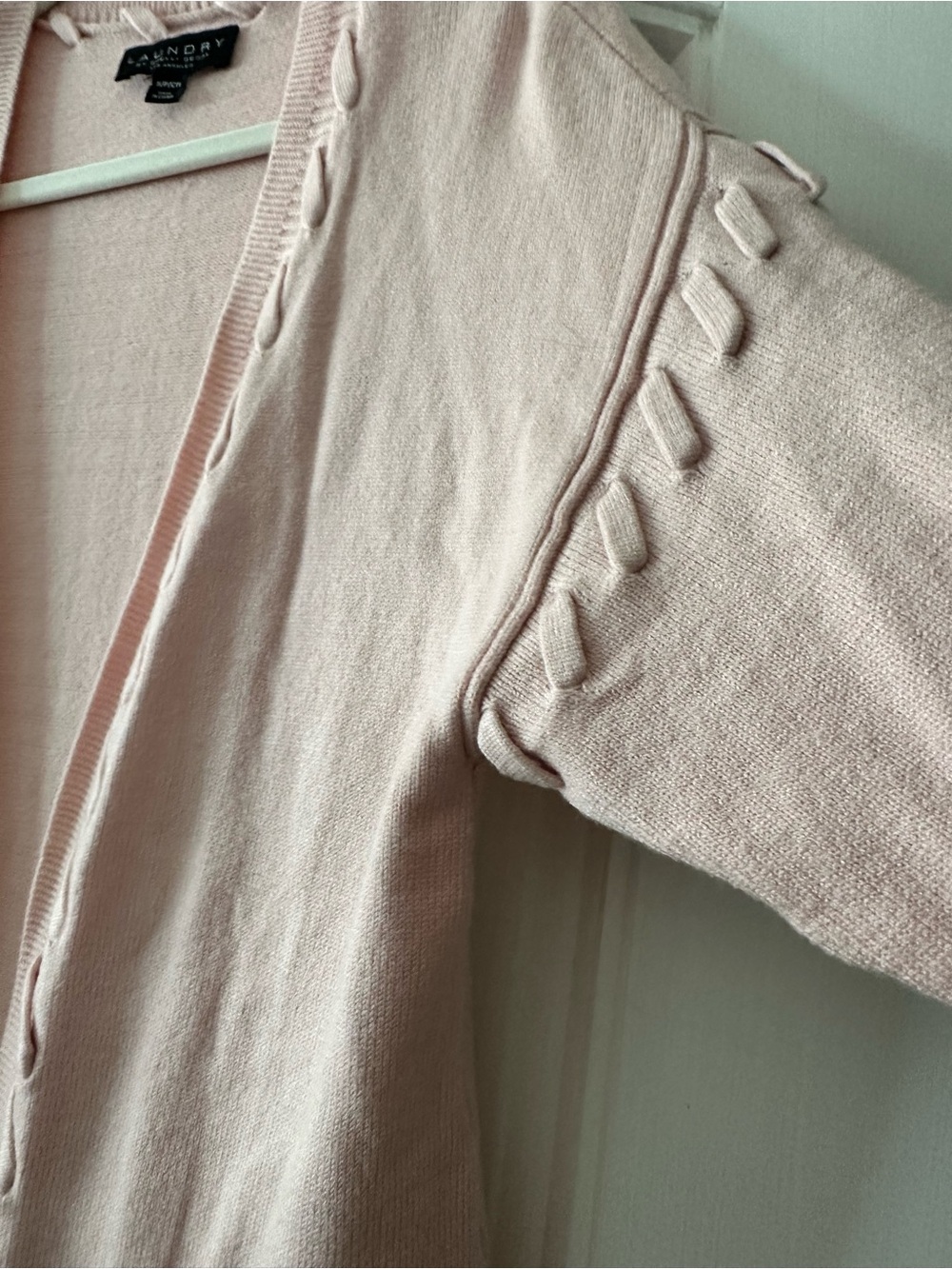 Laundry By Shelli Segal Light Pink Open-Front Cable-Trim Cardigan - Picture 6 of 7